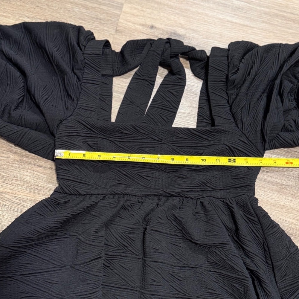 Free People Black Textured Puff Sleeve Babydoll Mini Dress Open Back XS - Picture 4 of 4
